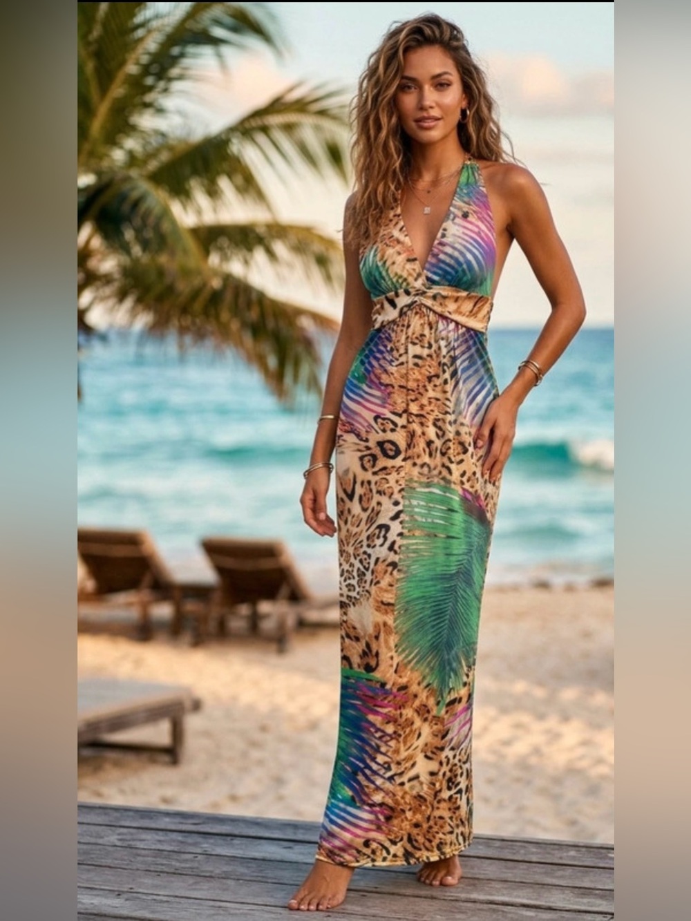 TROPICAL MAXI DRESS DEEP V- NWOT- ONE SIZE